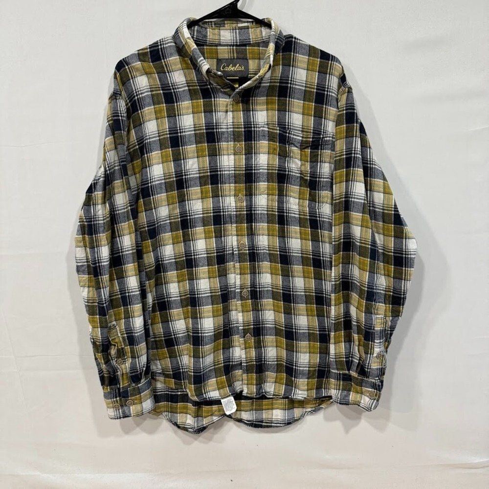 Cabela's Flannel Shirt Men's Large Yellow Black Plaid‎ Long Sleeve Cotton Y2K